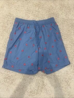 Men's Blue Swim Trunks with Red Embroidered crabs